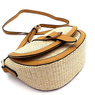 Buckle Saddle Woven Straw Mixed-Material Shoulder Bag