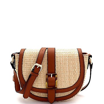 Buckle Saddle Woven Straw Mixed-Material Shoulder Bag