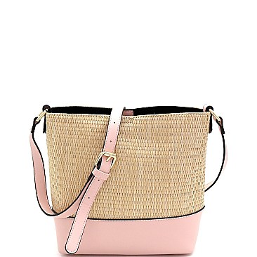 3-Compartment Woven Straw Mixed-Material Bucket Shoulder Bag