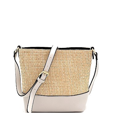 3-Compartment Woven Straw Mixed-Material Bucket Shoulder Bag