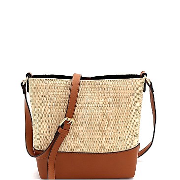 3-Compartment Woven Straw Mixed-Material Bucket Shoulder Bag