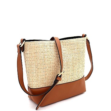 3-Compartment Woven Straw Mixed-Material Bucket Shoulder Bag