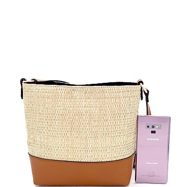 3-Compartment Woven Straw Mixed-Material Bucket Shoulder Bag