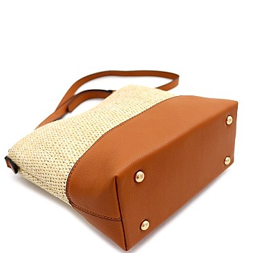 3-Compartment Woven Straw Mixed-Material Bucket Shoulder Bag