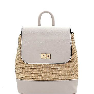 Medium Woven Straw Mixed-Material Turn-Lock Backpack
