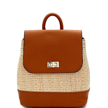 Medium Woven Straw Mixed-Material Turn-Lock Backpack