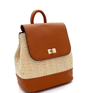 Medium Woven Straw Mixed-Material Turn-Lock Backpack