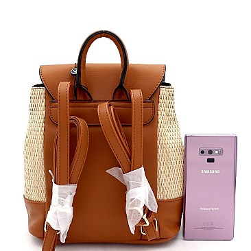 Medium Woven Straw Mixed-Material Turn-Lock Backpack