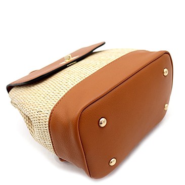 Medium Woven Straw Mixed-Material Turn-Lock Backpack