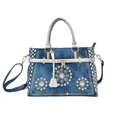 Women’s Blue Denim Rhinestones Handbags with Lock