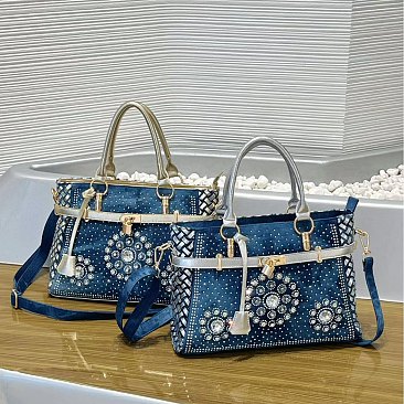 Women’s Blue Denim Rhinestones Handbags with Lock