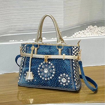Women’s Blue Denim Rhinestones Handbags with Lock