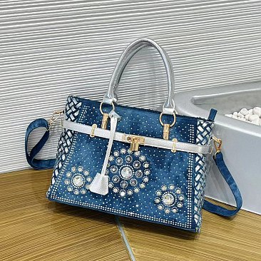 Women’s Blue Denim Rhinestones Handbags with Lock