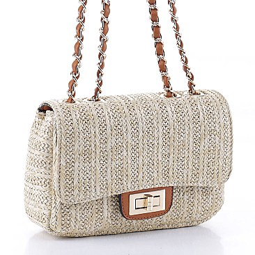 Stylish Straw Twist Lock Flap Crossbody Bag