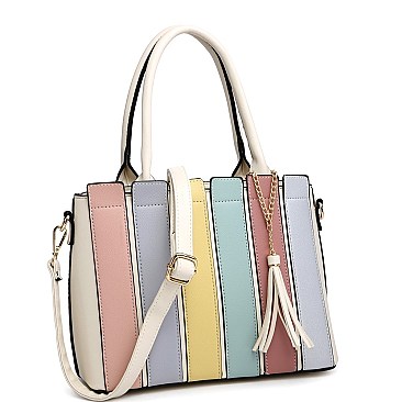 2-Way Tassel Accent Color Block Patchwork Satchel