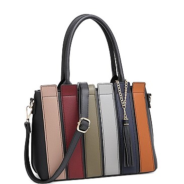 2-Way Tassel Accent Color Block Patchwork Satchel