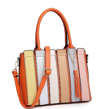 2-Way Tassel Accent Color Block Patchwork Satchel