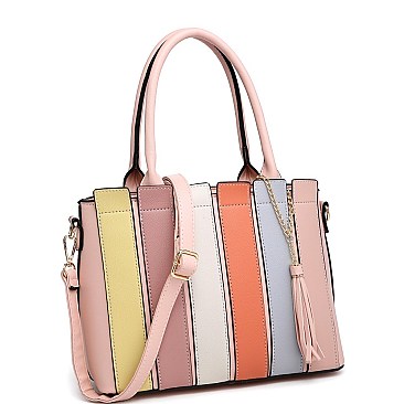 2-Way Tassel Accent Color Block Patchwork Satchel