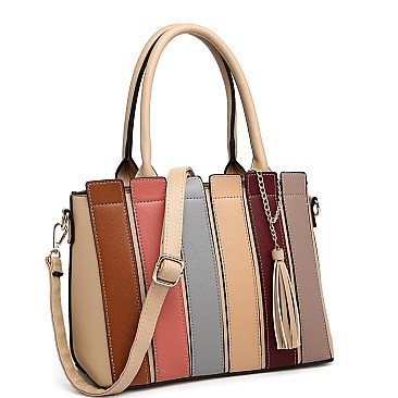2-Way Tassel Accent Color Block Patchwork Satchel