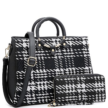 3-Compartment Tweed Print Satchel Wallet SET