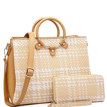 3-Compartment Tweed Print Satchel Wallet SET