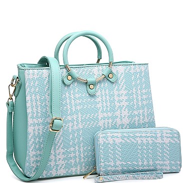 3-Compartment Tweed Print Satchel Wallet SET