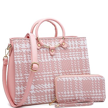 3-Compartment Tweed Print Satchel Wallet SET
