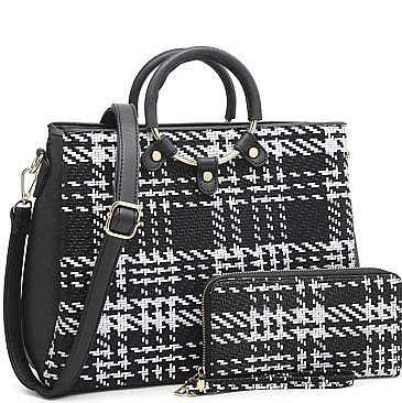 2 IN 1 FAUX LEATHER SOFT PLAID DESIGN TOTE BAG SET
