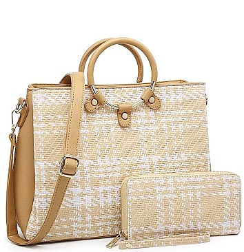 2 IN 1 FAUX LEATHER SOFT PLAID DESIGN TOTE BAG SET