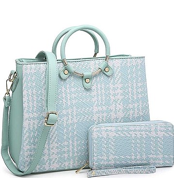2 IN 1 FAUX LEATHER SOFT PLAID DESIGN TOTE BAG SET