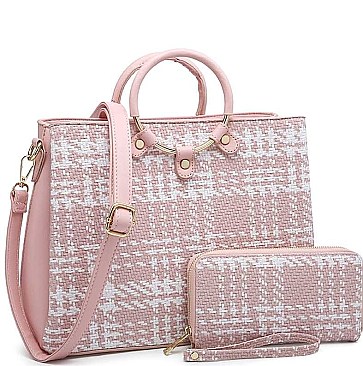 2 IN 1 FAUX LEATHER SOFT PLAID DESIGN TOTE BAG SET