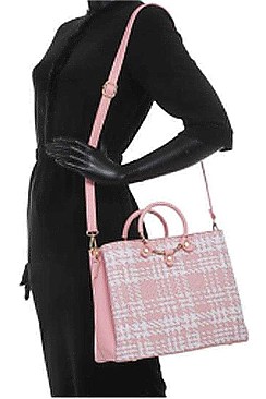 2 IN 1 FAUX LEATHER SOFT PLAID DESIGN TOTE BAG SET