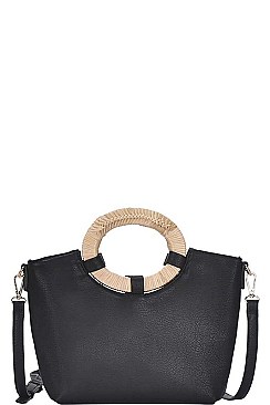 NATURAL WOVEN HANDLE SATCHEL WITH LONG STRAP