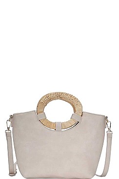 NATURAL WOVEN HANDLE SATCHEL WITH LONG STRAP