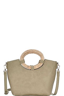 NATURAL WOVEN HANDLE SATCHEL WITH LONG STRAP
