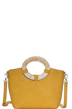 NATURAL WOVEN HANDLE SATCHEL WITH LONG STRAP