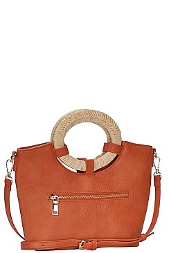NATURAL WOVEN HANDLE SATCHEL WITH LONG STRAP