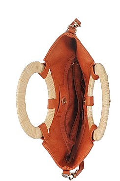NATURAL WOVEN HANDLE SATCHEL WITH LONG STRAP