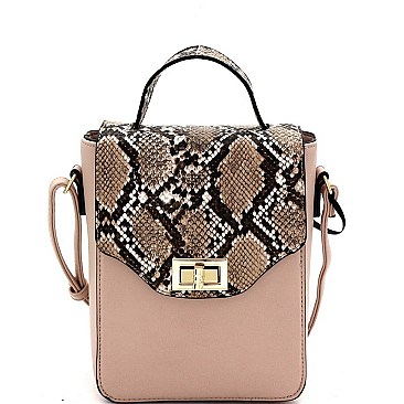 Small 2-Way Snake Print Turn-Lock Accent Satchel