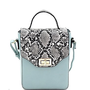 Small 2-Way Snake Print Turn-Lock Accent Satchel