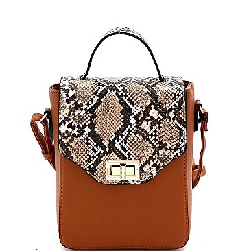 Small 2-Way Snake Print Turn-Lock Accent Satchel