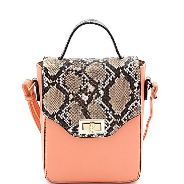 Small 2-Way Snake Print Turn-Lock Accent Satchel