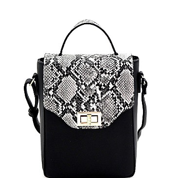 Small 2-Way Snake Print Turn-Lock Accent Satchel