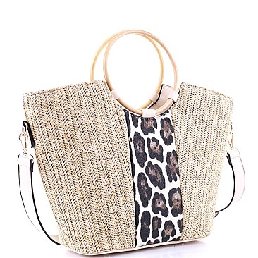 2-Way Two-Tone Round Bamboo Handle Straw Satchel