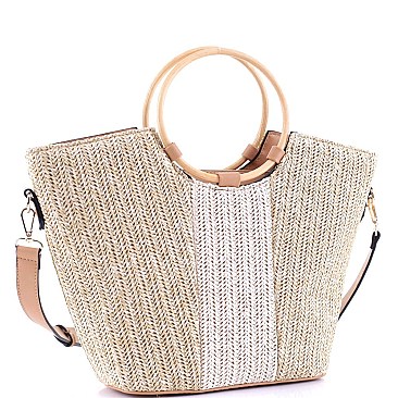 2-Way Two-Tone Round Bamboo Handle Straw Satchel