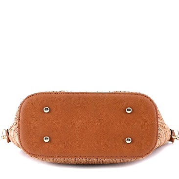 2-Way Two-Tone Round Bamboo Handle Straw Satchel