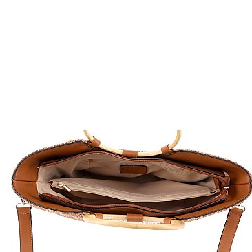 2-Way Two-Tone Round Bamboo Handle Straw Satchel