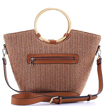 2-Way Two-Tone Round Bamboo Handle Straw Satchel
