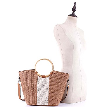 2-Way Two-Tone Round Bamboo Handle Straw Satchel