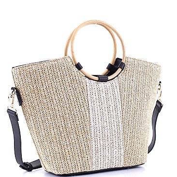 2-Way Two-Tone Round Bamboo Handle Straw Satchel